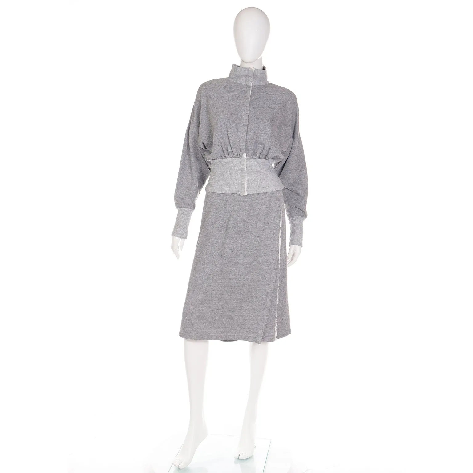1980 Norma Kamali Sweats Gray Sweatshirt Dress w/ Sweater Top & Skirt