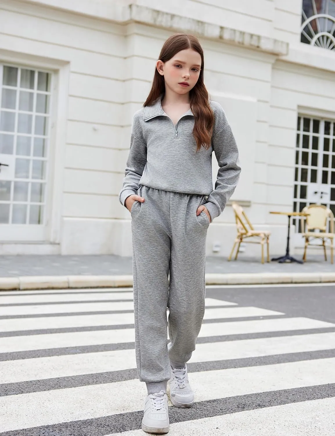 Arshiner Girls 2 Piece Set Half Zip Lapel Collar Tracksuit Sets