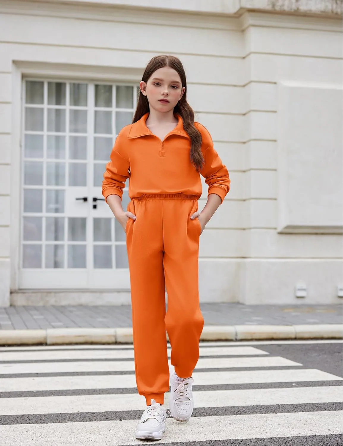 Arshiner Girls 2 Piece Set Half Zip Lapel Collar Tracksuit Sets