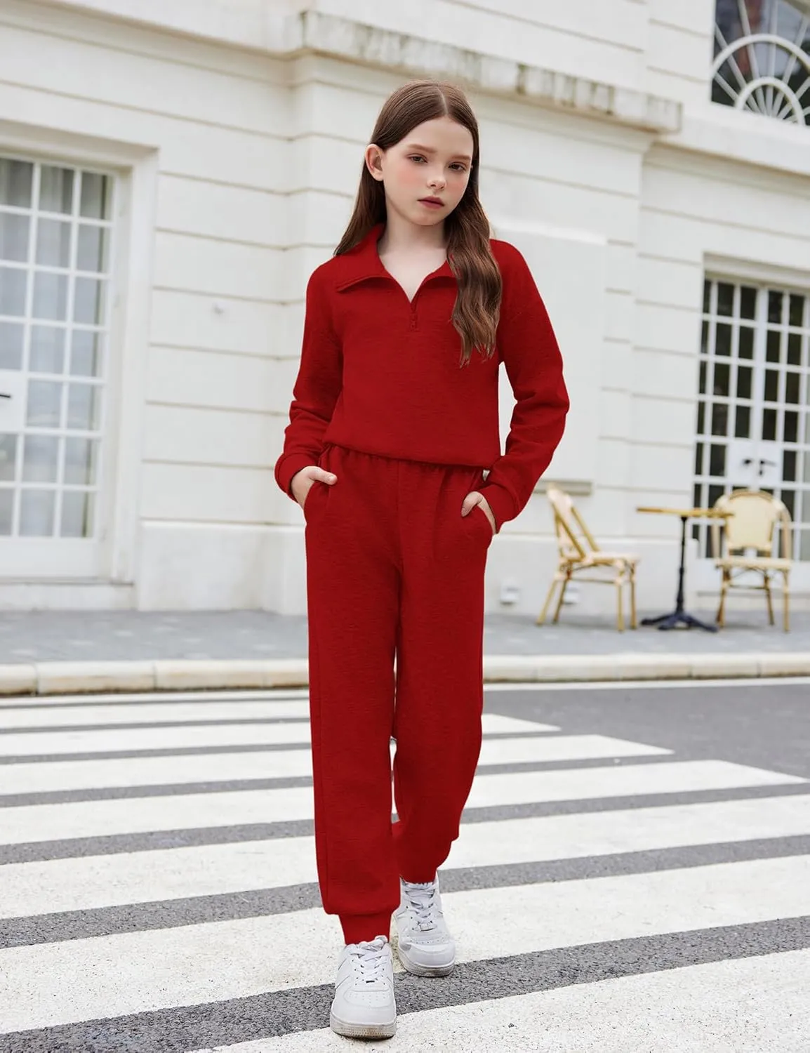 Arshiner Girls 2 Piece Set Half Zip Lapel Collar Tracksuit Sets
