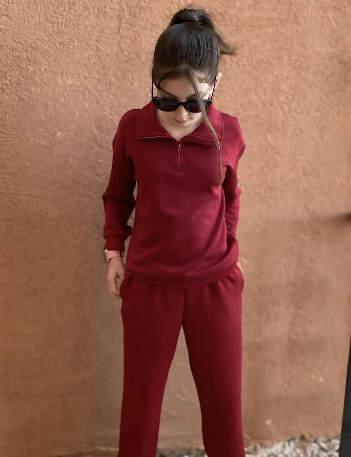 Arshiner Girls 2 Piece Set Half Zip Lapel Collar Tracksuit Sets