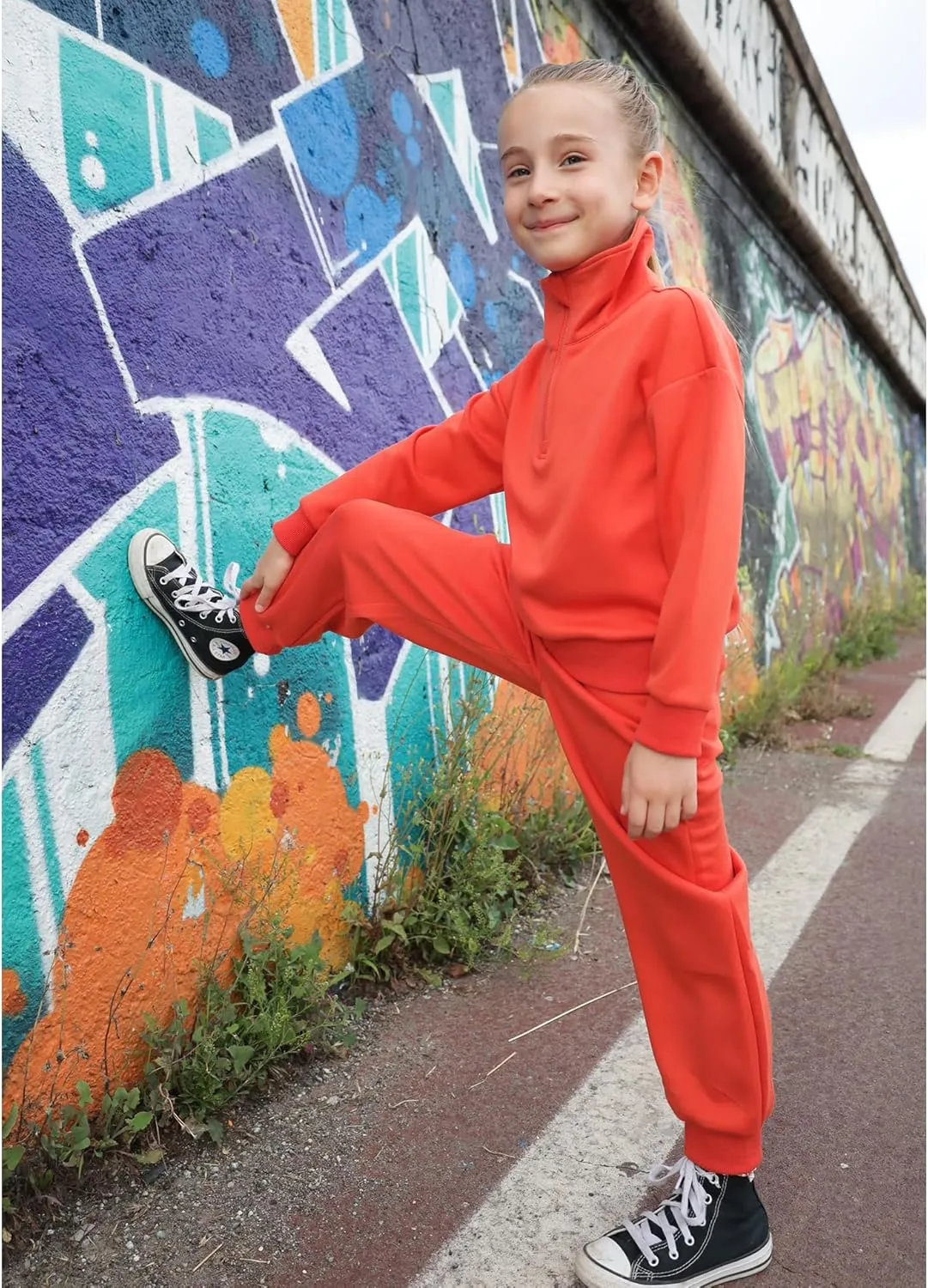 Arshiner Girls 2 Piece Set Half Zip Lapel Collar Tracksuit Sets