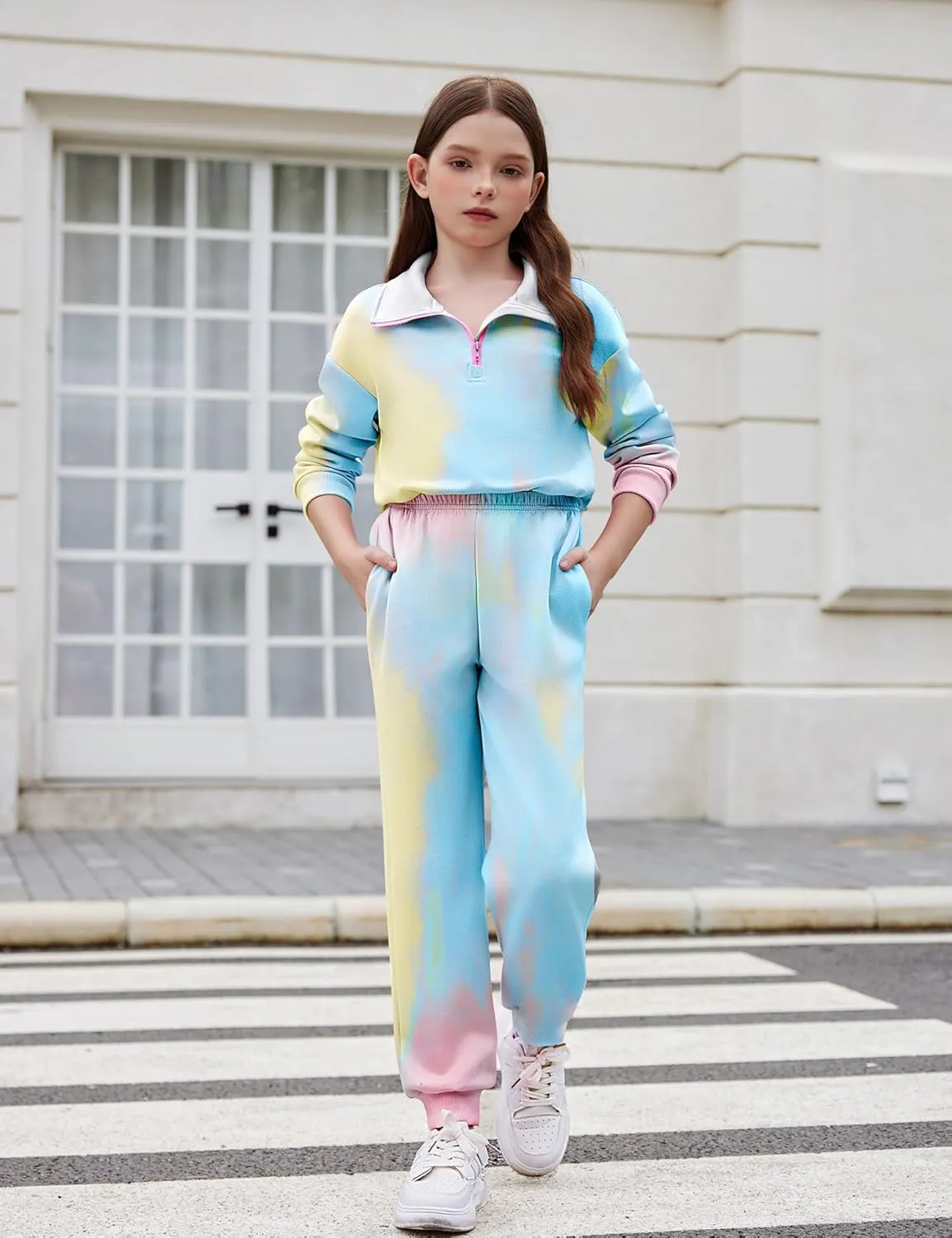 Arshiner Girls 2 Piece Set Half Zip Lapel Collar Tracksuit Sets