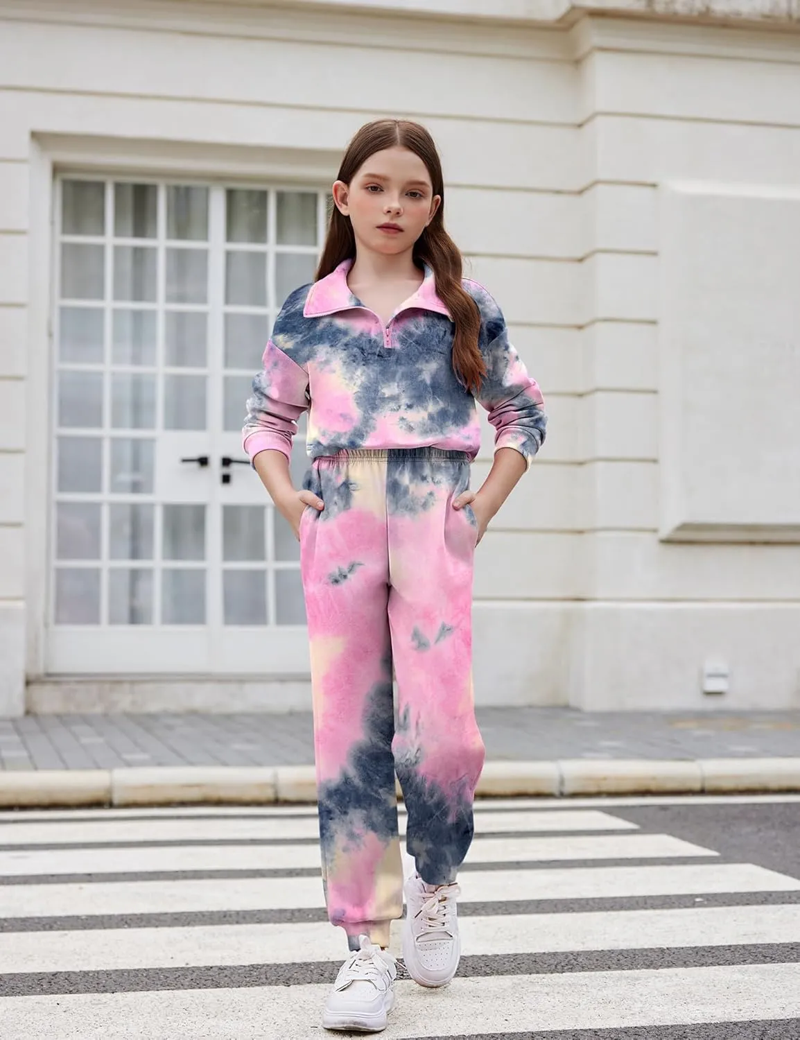 Arshiner Girls 2 Piece Set Half Zip Lapel Collar Tracksuit Sets