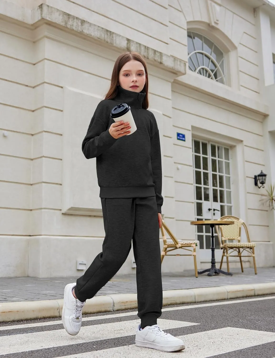 Arshiner Girls 2 Piece Set Half Zip Lapel Collar Tracksuit Sets