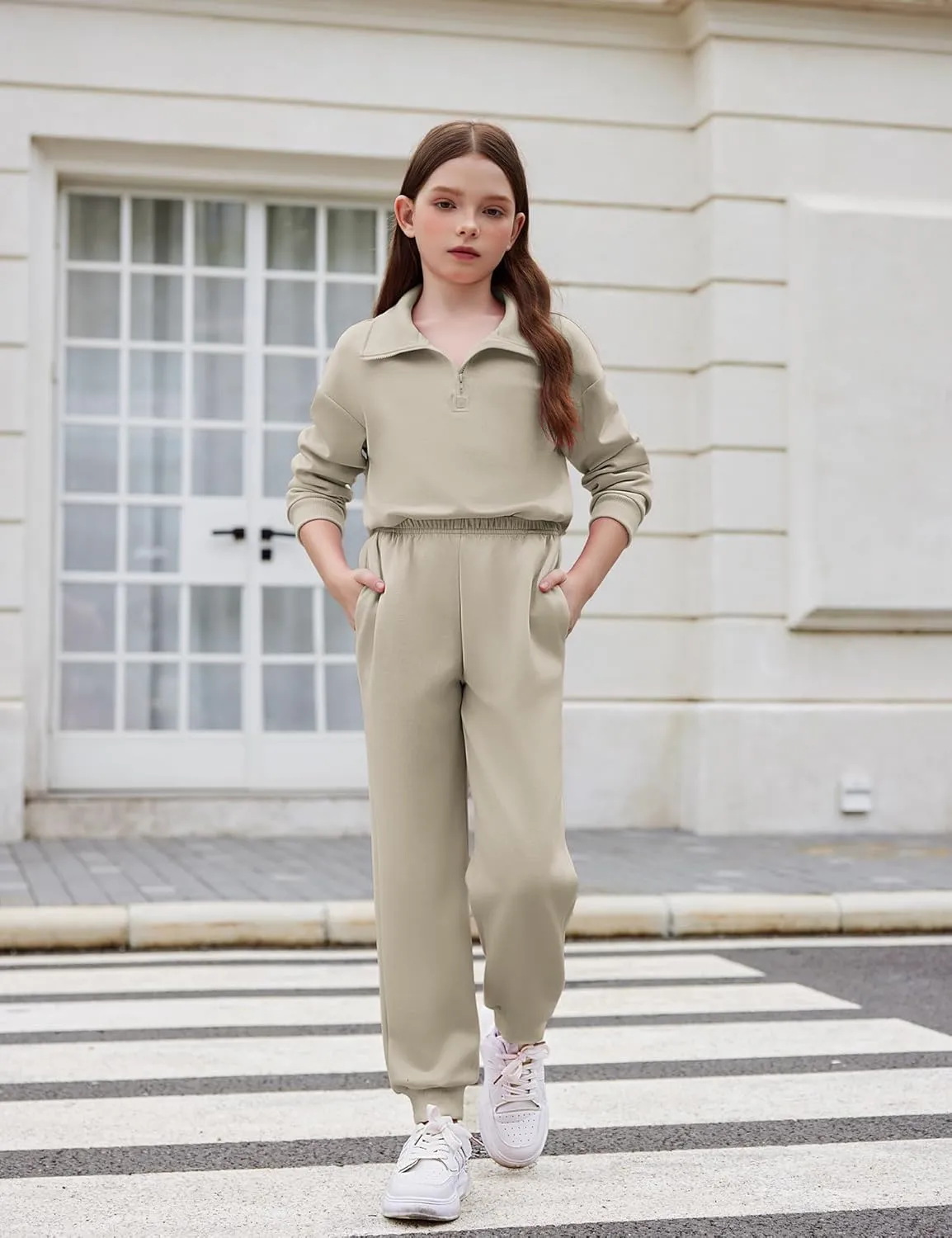 Arshiner Girls 2 Piece Set Half Zip Lapel Collar Tracksuit Sets