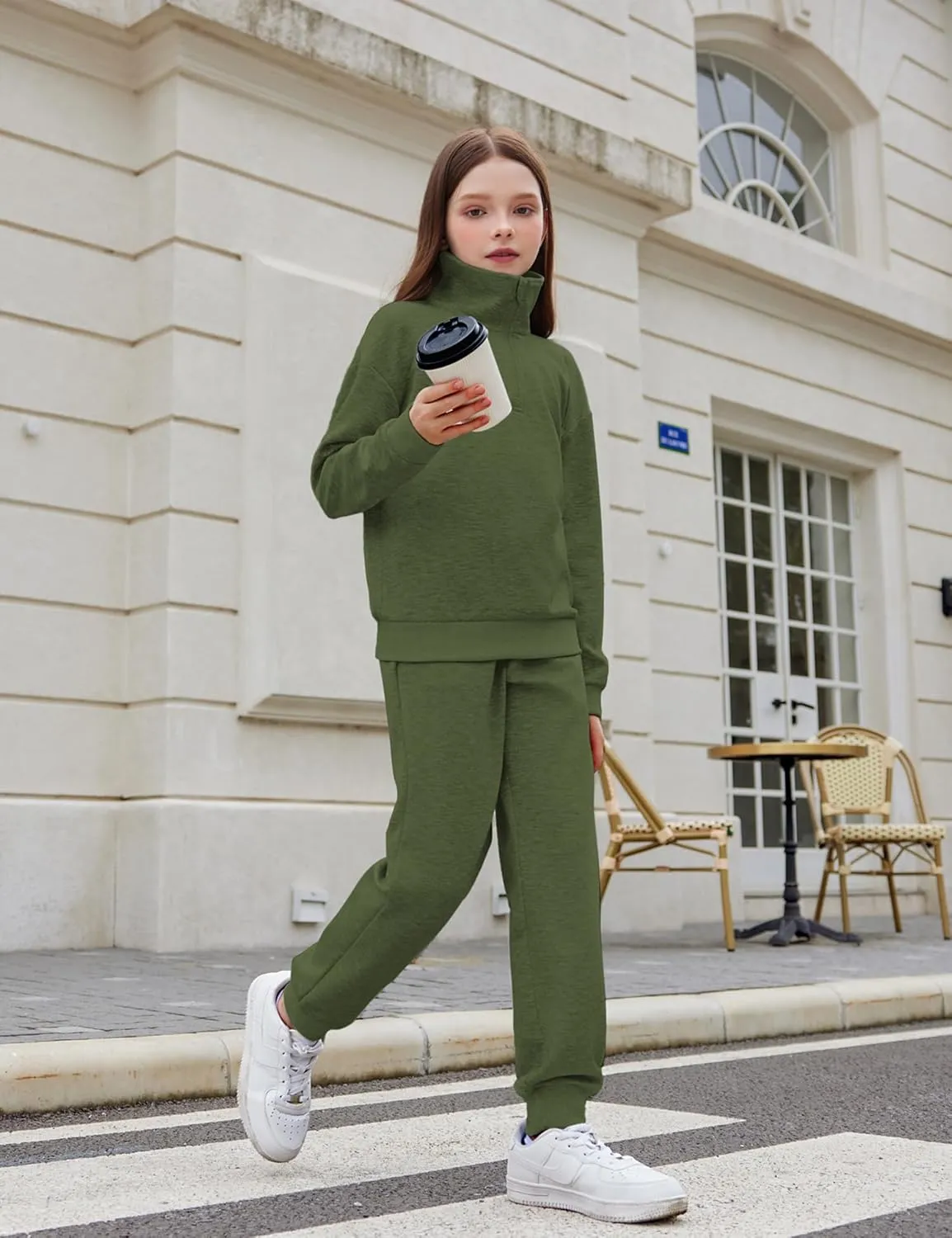 Arshiner Girls 2 Piece Set Half Zip Lapel Collar Tracksuit Sets
