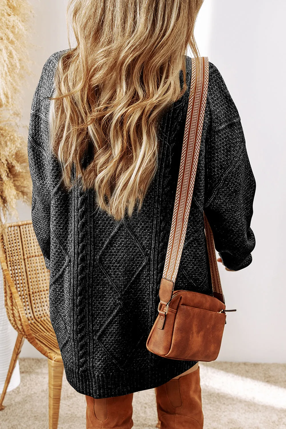 Black Twist Cable Knit Drop Shoulder Loose Fit Sweater Dress