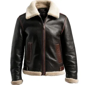 Brown Shearling Leather Jacket - Aviator-Inspired Design | El Zoro
