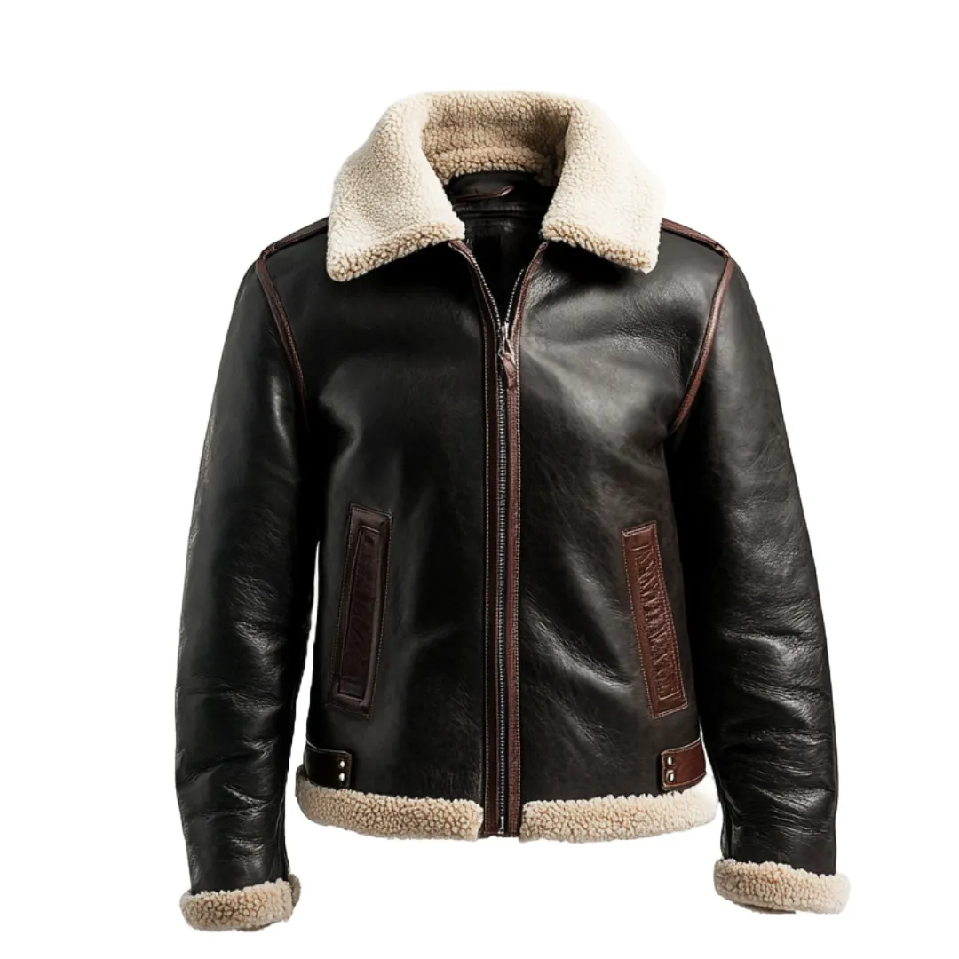 Brown Shearling Leather Jacket - Aviator-Inspired Design | El Zoro