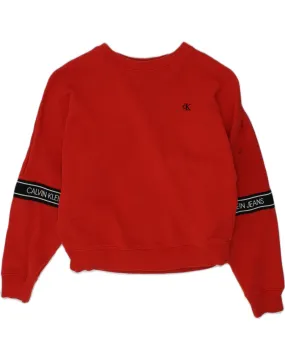 CALVIN KLEIN Girls Crop Graphic Sweatshirt Jumper 7-8 Years Red Cotton