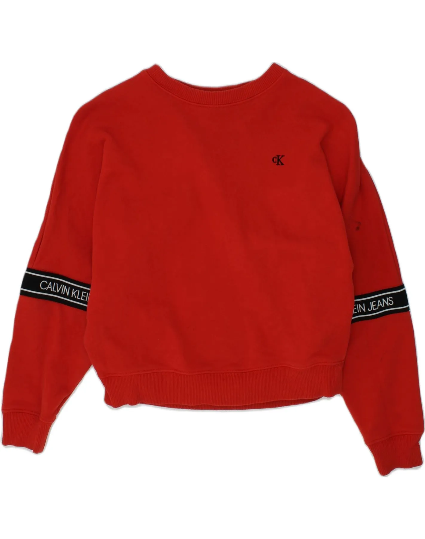 CALVIN KLEIN Girls Crop Graphic Sweatshirt Jumper 7-8 Years Red Cotton
