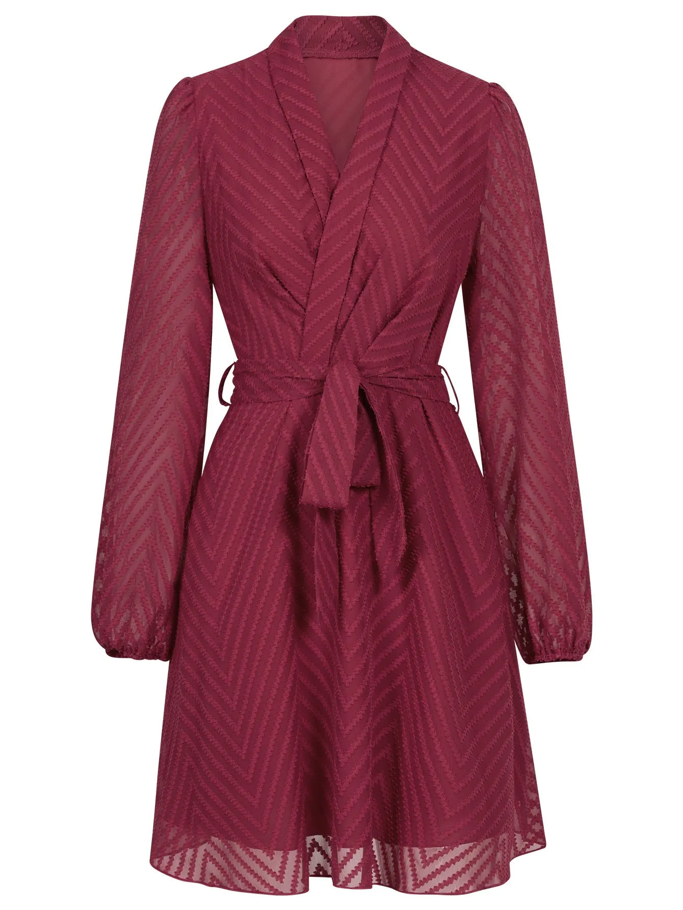 Casual Solid Color Belted Long Sleeve V-neck Perspective Dress