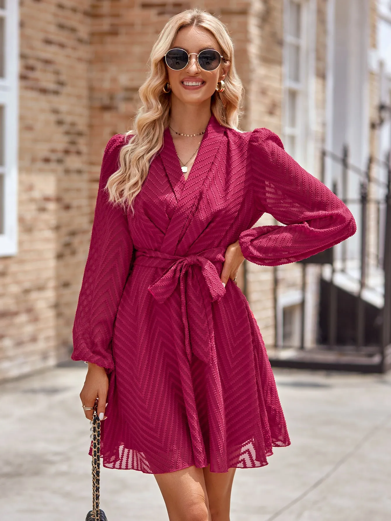 Casual Solid Color Belted Long Sleeve V-neck Perspective Dress