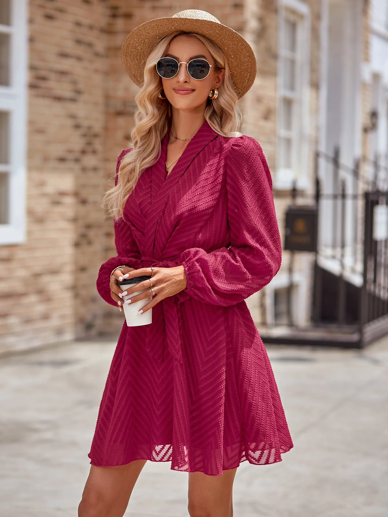 Casual Solid Color Belted Long Sleeve V-neck Perspective Dress