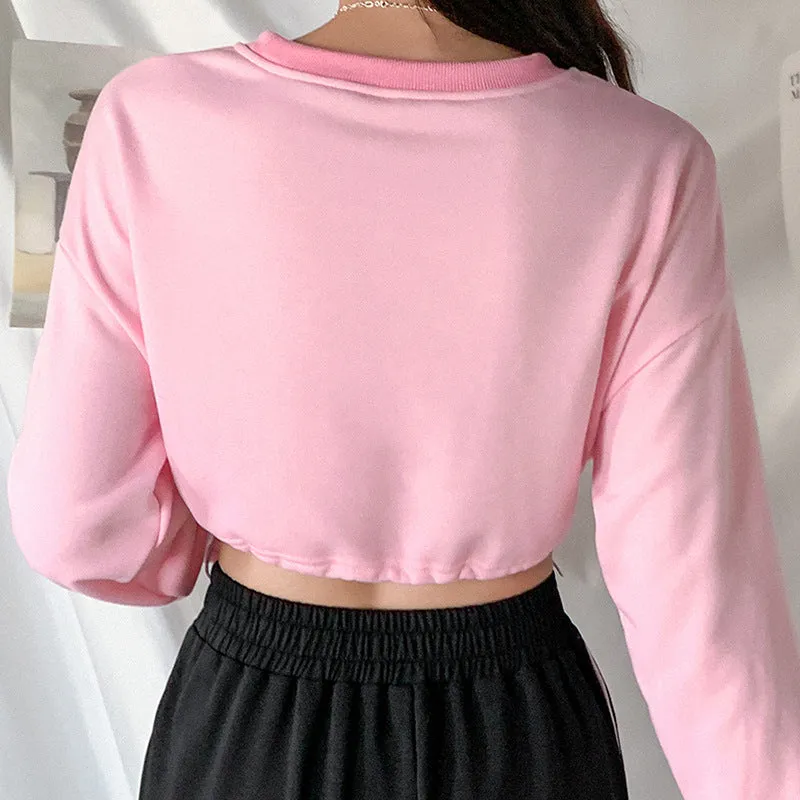 Crop Top Kawaii Puffy Sleeve Pullover Hoodie Embroidery Love Heart Drawstring Sweater
