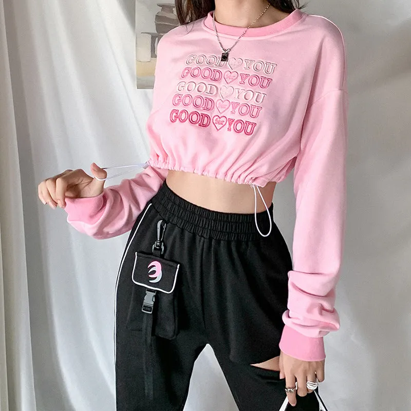 Crop Top Kawaii Puffy Sleeve Pullover Hoodie Embroidery Love Heart Drawstring Sweater