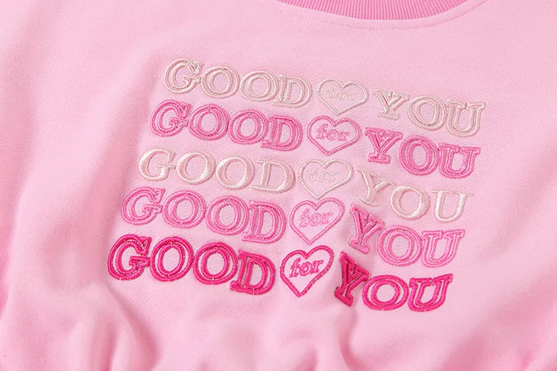 Crop Top Kawaii Puffy Sleeve Pullover Hoodie Embroidery Love Heart Drawstring Sweater