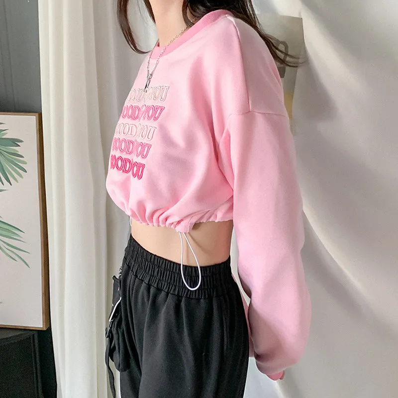 Crop Top Kawaii Puffy Sleeve Pullover Hoodie Embroidery Love Heart Drawstring Sweater