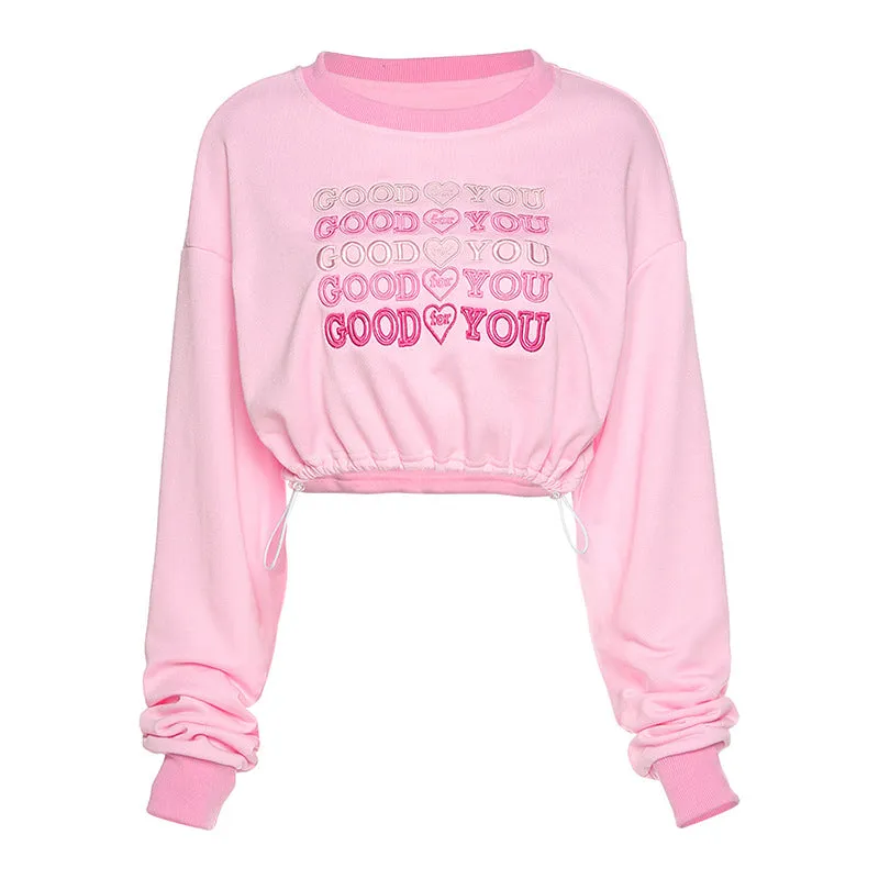 Crop Top Kawaii Puffy Sleeve Pullover Hoodie Embroidery Love Heart Drawstring Sweater