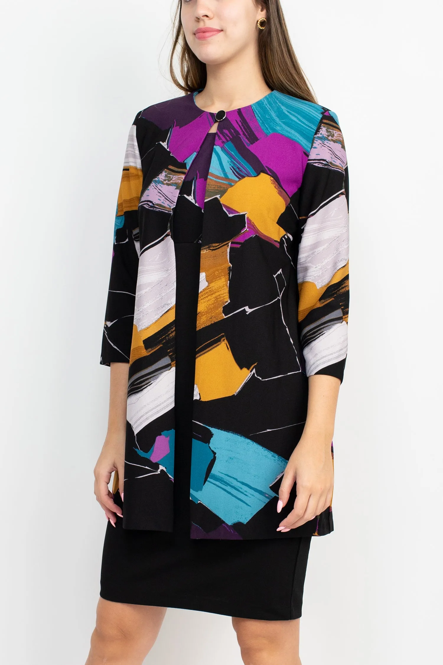 Danny & Nicole Scoop Neck Sleeveless Zipper Back Bodycon Multi Print Crepe Dress with Matching Jacket
