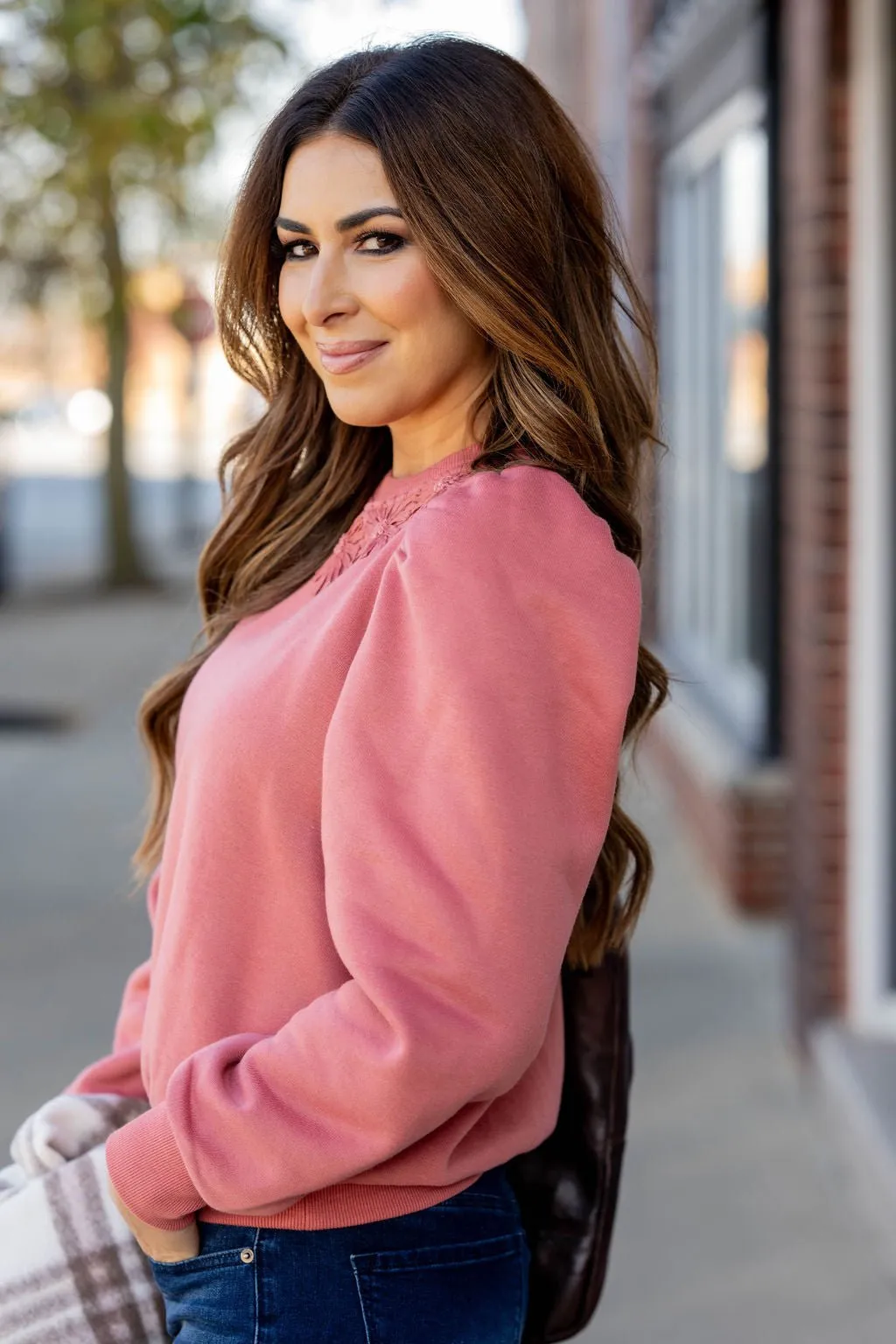 Floral Stitched Gathered Shoulder Sweatshirt