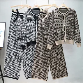 GBOLSOS  2025 trade European station fashion suit women's autumn jacquard knitted cardigan jacket vest wide-leg pants three-piece set