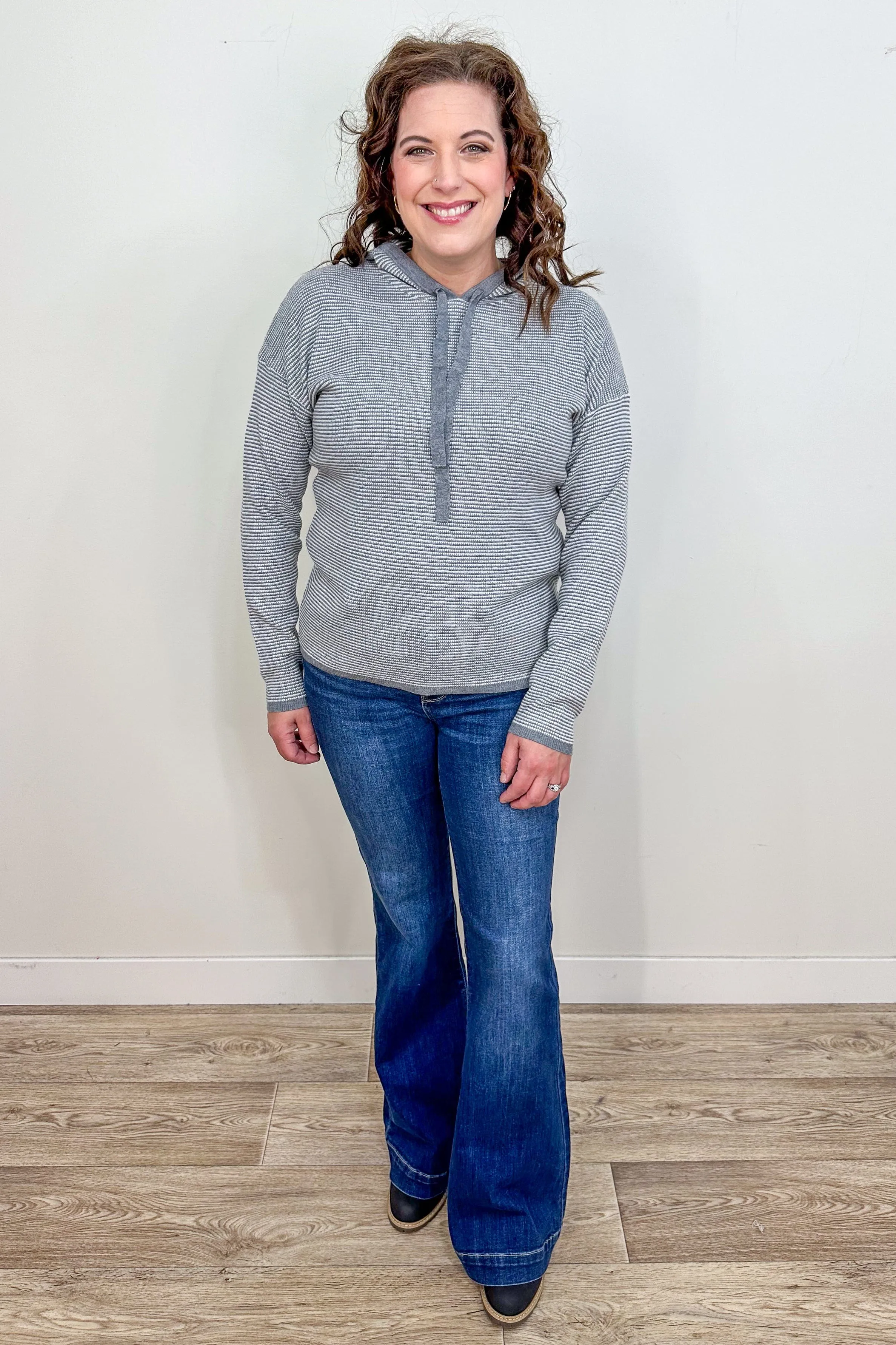 Grey & White Stripe Hooded Sweater