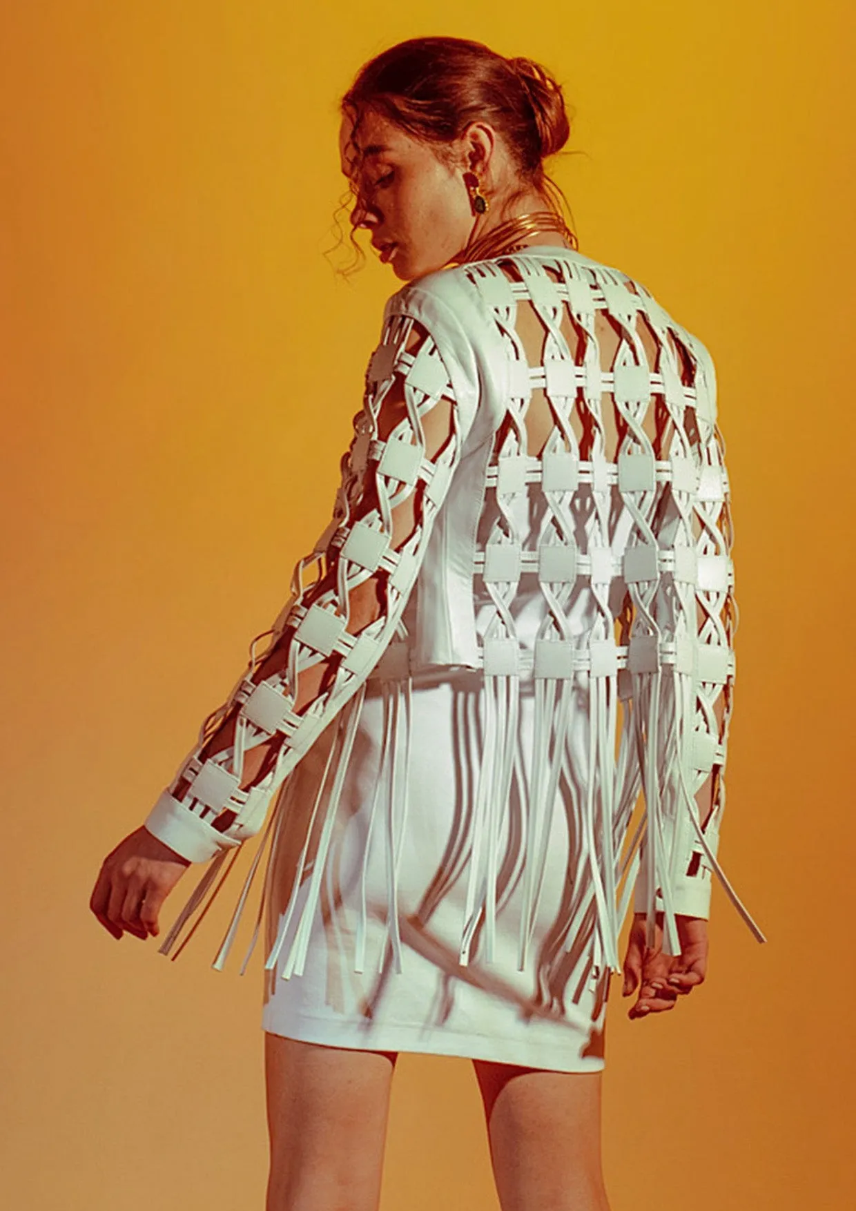 Heather Geometric Cut-Out Fringed Leather Jacket