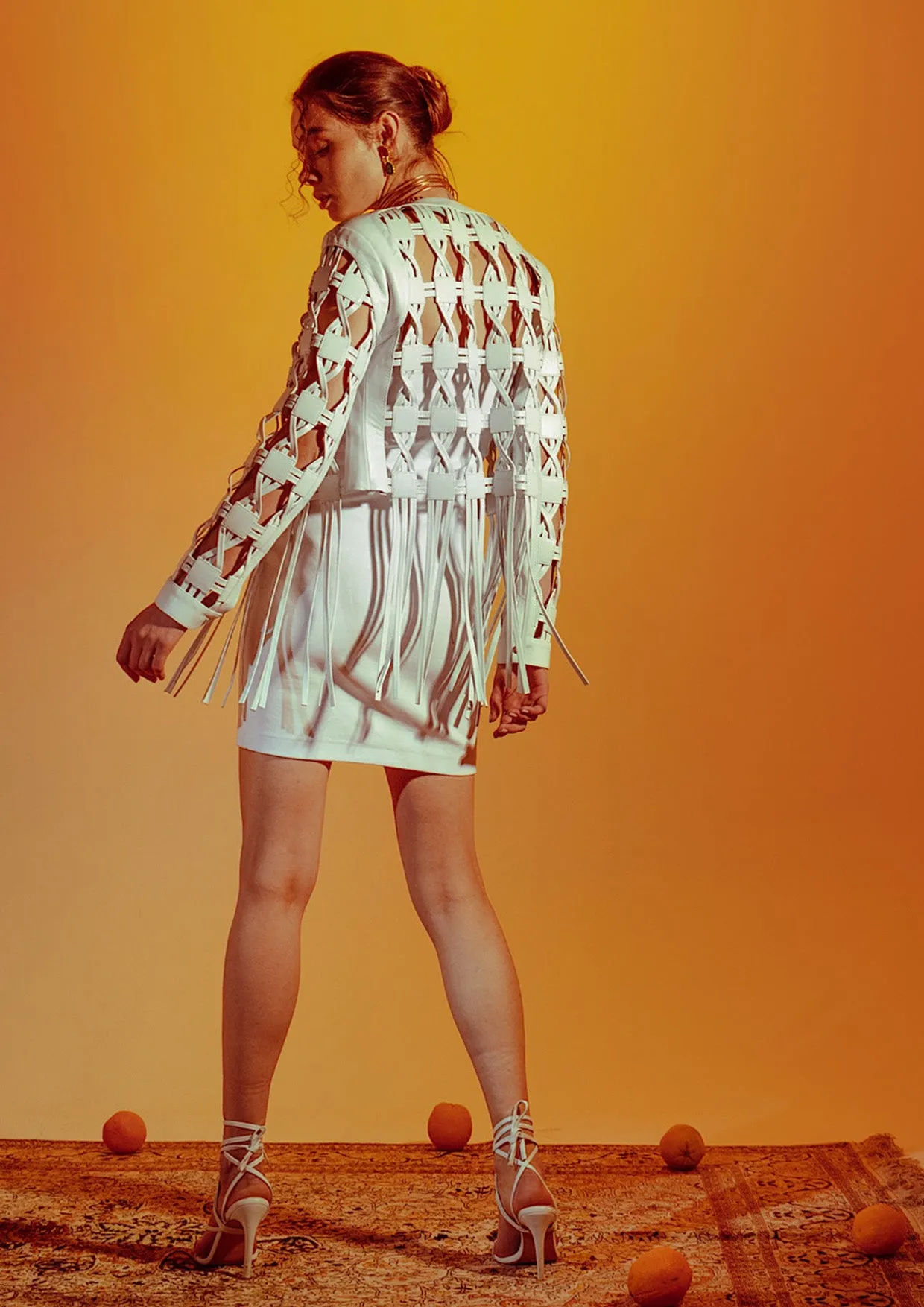 Heather Geometric Cut-Out Fringed Leather Jacket