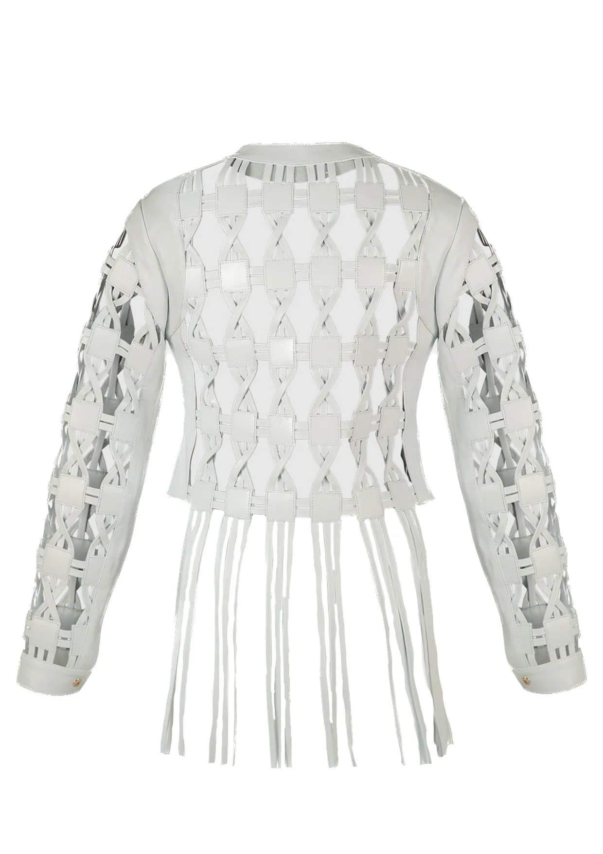 Heather Geometric Cut-Out Fringed Leather Jacket