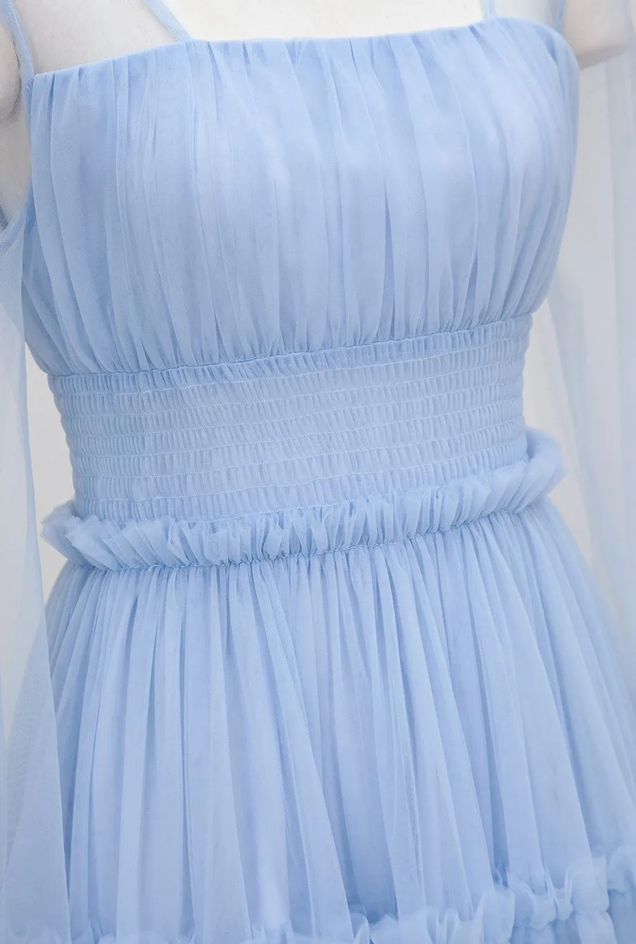 Long open sleeves ruched bodice ruffled skirt tea length tulle prom dress