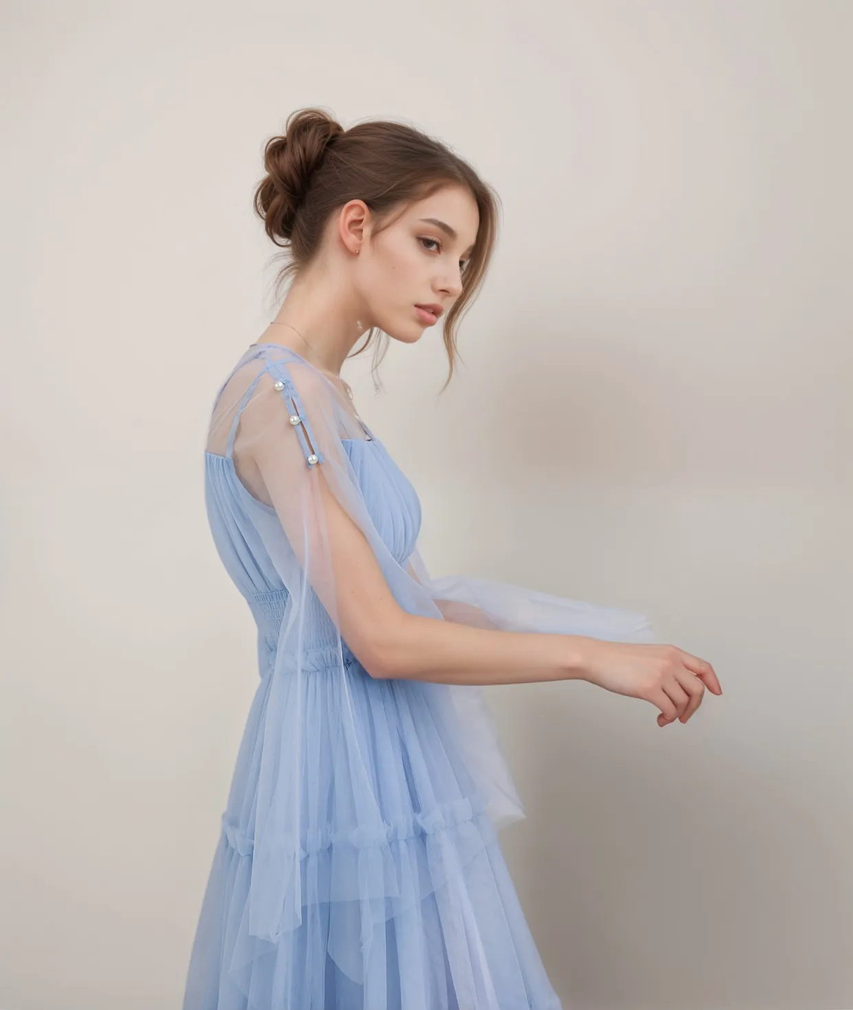 Long open sleeves ruched bodice ruffled skirt tea length tulle prom dress