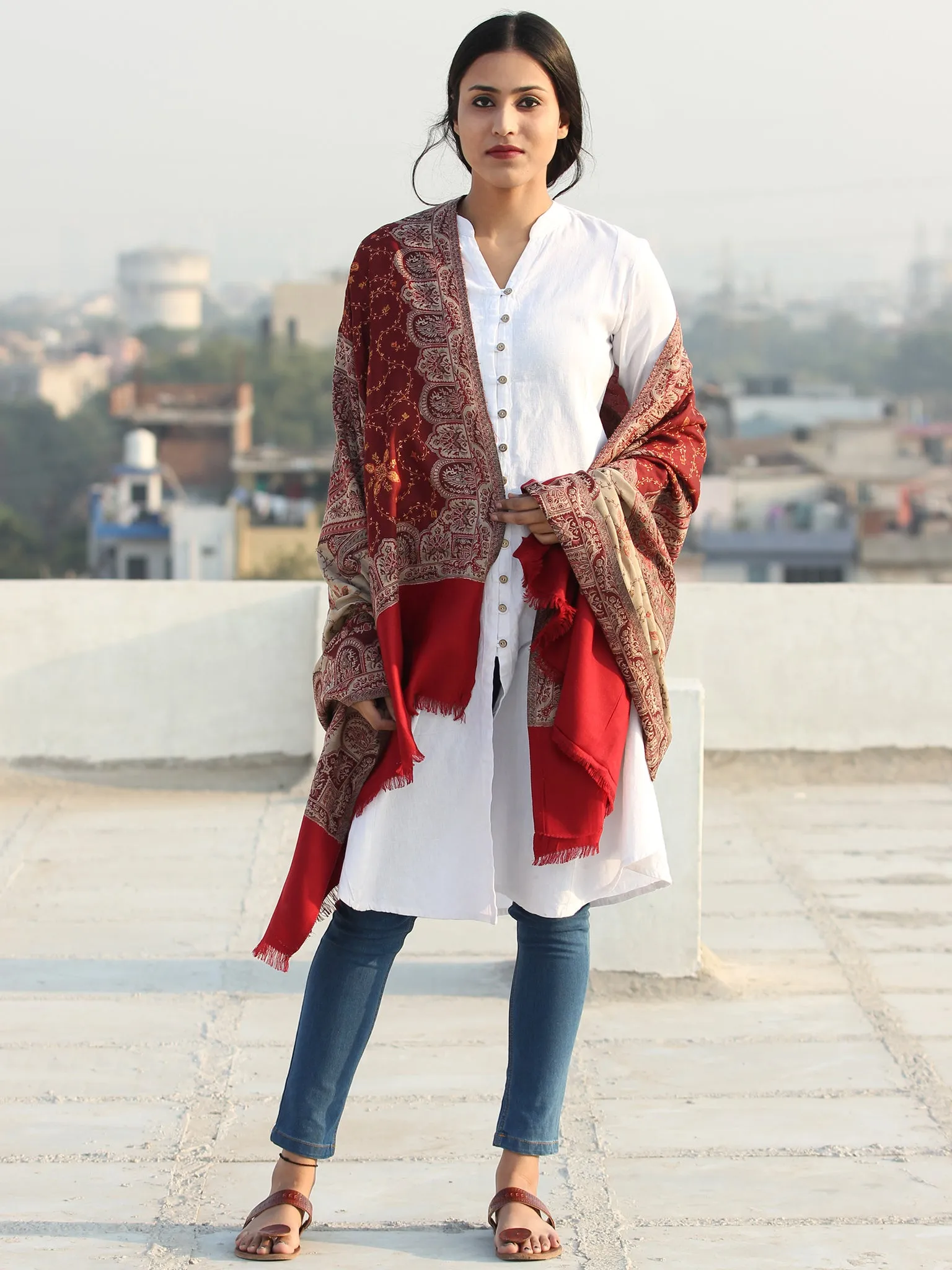 Maroon Beige Jamawar Needle Embroidered Woollen Kashmiri Shawl - S200549