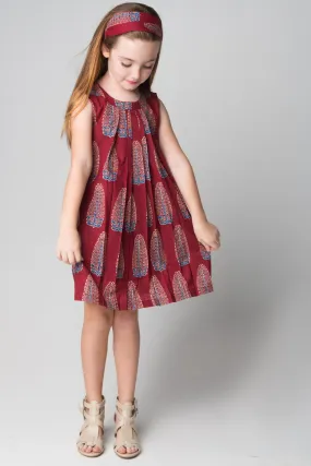 Maroon Leaf Print Pleated Shift Dress With Matching Headband