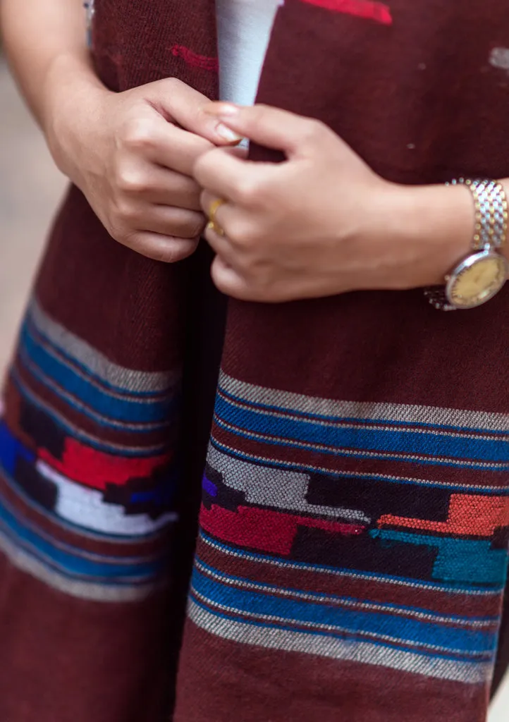 Maroon Yak Wool Shawl with Buttefly Pattern Handloomed in Nepal