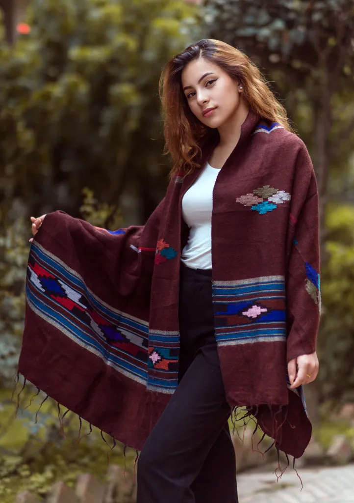Maroon Yak Wool Shawl with Buttefly Pattern Handloomed in Nepal