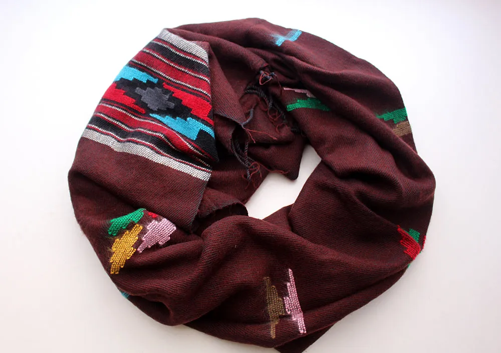 Maroon Yak Wool Shawl with Buttefly Pattern Handloomed in Nepal