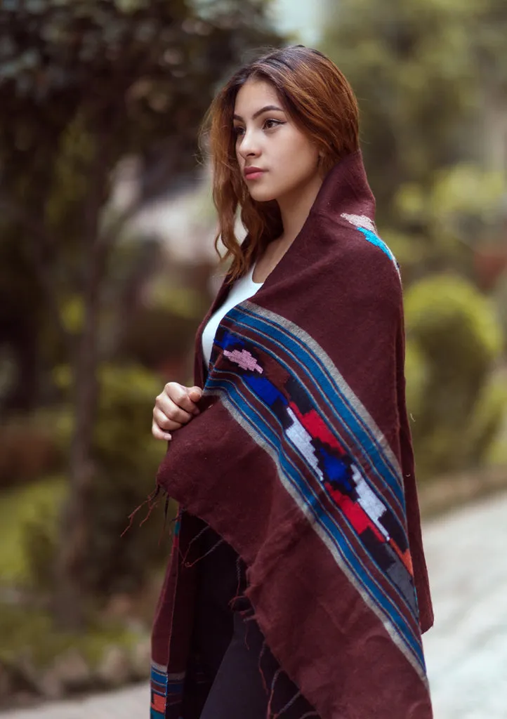 Maroon Yak Wool Shawl with Buttefly Pattern Handloomed in Nepal