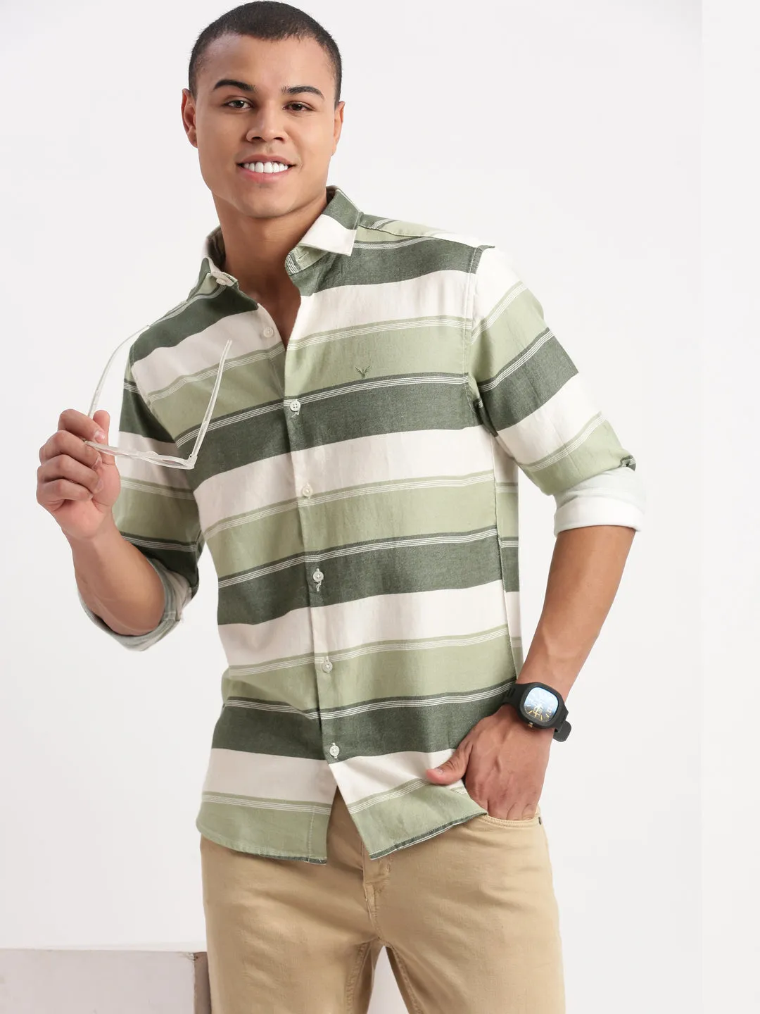 Men Horizontal Stripes Green Shirt