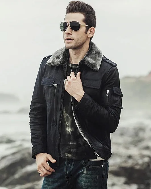 Mens Winter Black Snuff Faux Shearling Style Real Leather Jacket by TJS