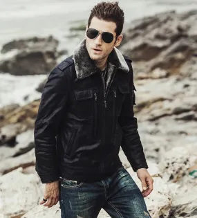 Mens Winter Black Snuff Faux Shearling Style Real Leather Jacket by TJS
