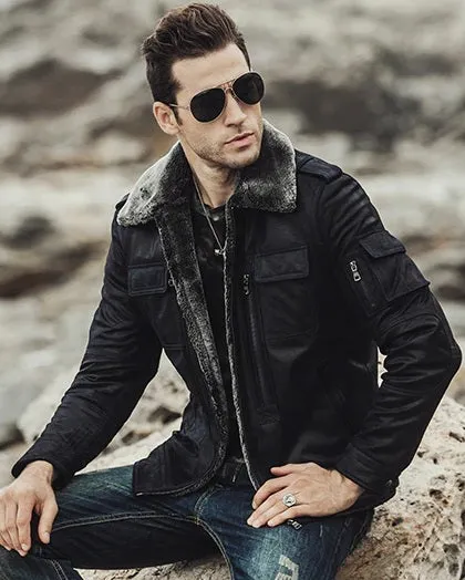 Mens Winter Black Snuff Faux Shearling Style Real Leather Jacket by TJS