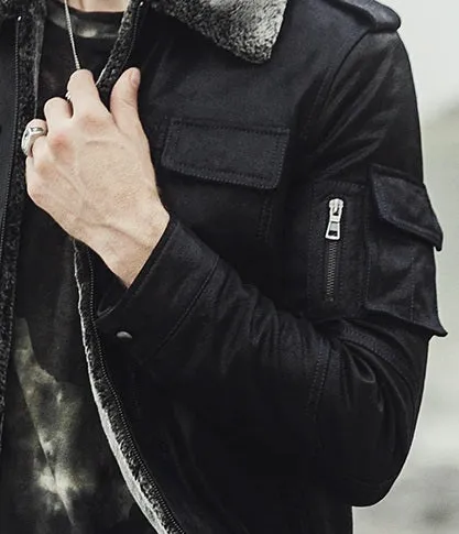 Mens Winter Black Snuff Faux Shearling Style Real Leather Jacket by TJS