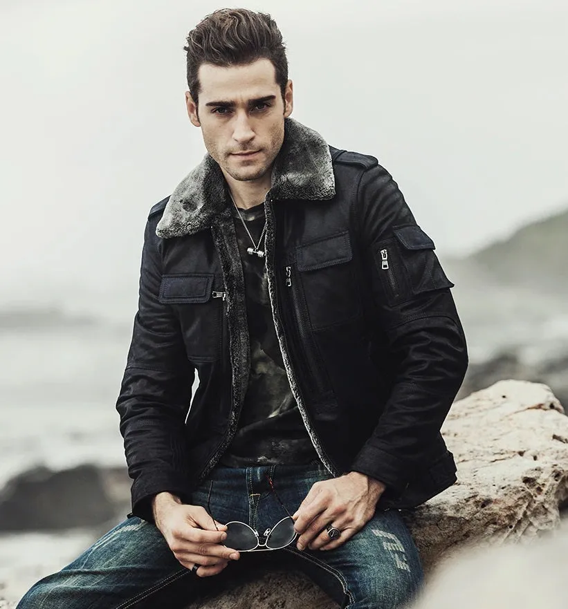 Mens Winter Black Snuff Faux Shearling Style Real Leather Jacket by TJS
