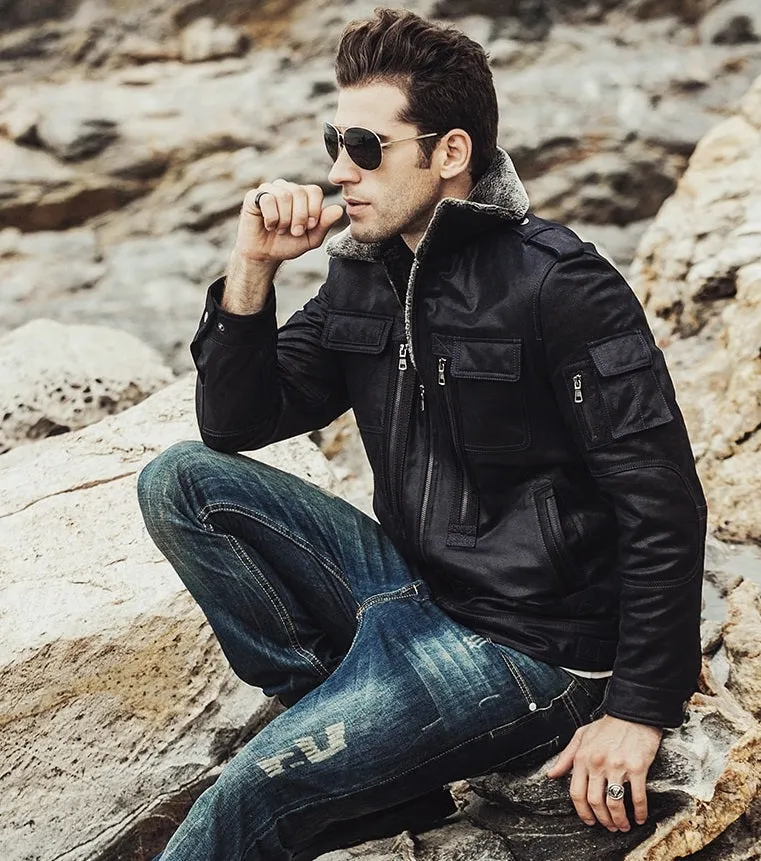 Mens Winter Black Snuff Faux Shearling Style Real Leather Jacket by TJS