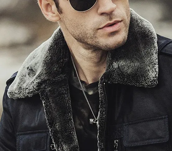 Mens Winter Black Snuff Faux Shearling Style Real Leather Jacket by TJS