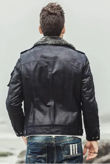 Mens Winter Black Snuff Faux Shearling Style Real Leather Jacket by TJS