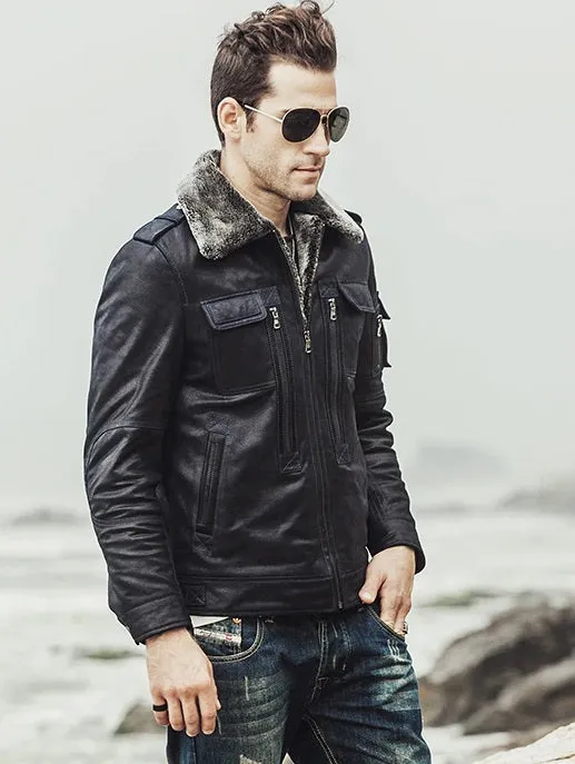 Mens Winter Black Snuff Faux Shearling Style Real Leather Jacket by TJS