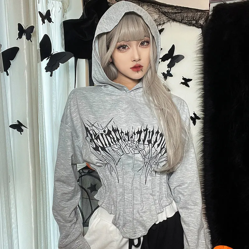 New autumn hooded sweatshirt corsetwise gothic prints crop short irregular hem batwing hoodie